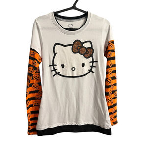 Juniors Hello Kitty Long Sleeve Tee L White Orange Halloween